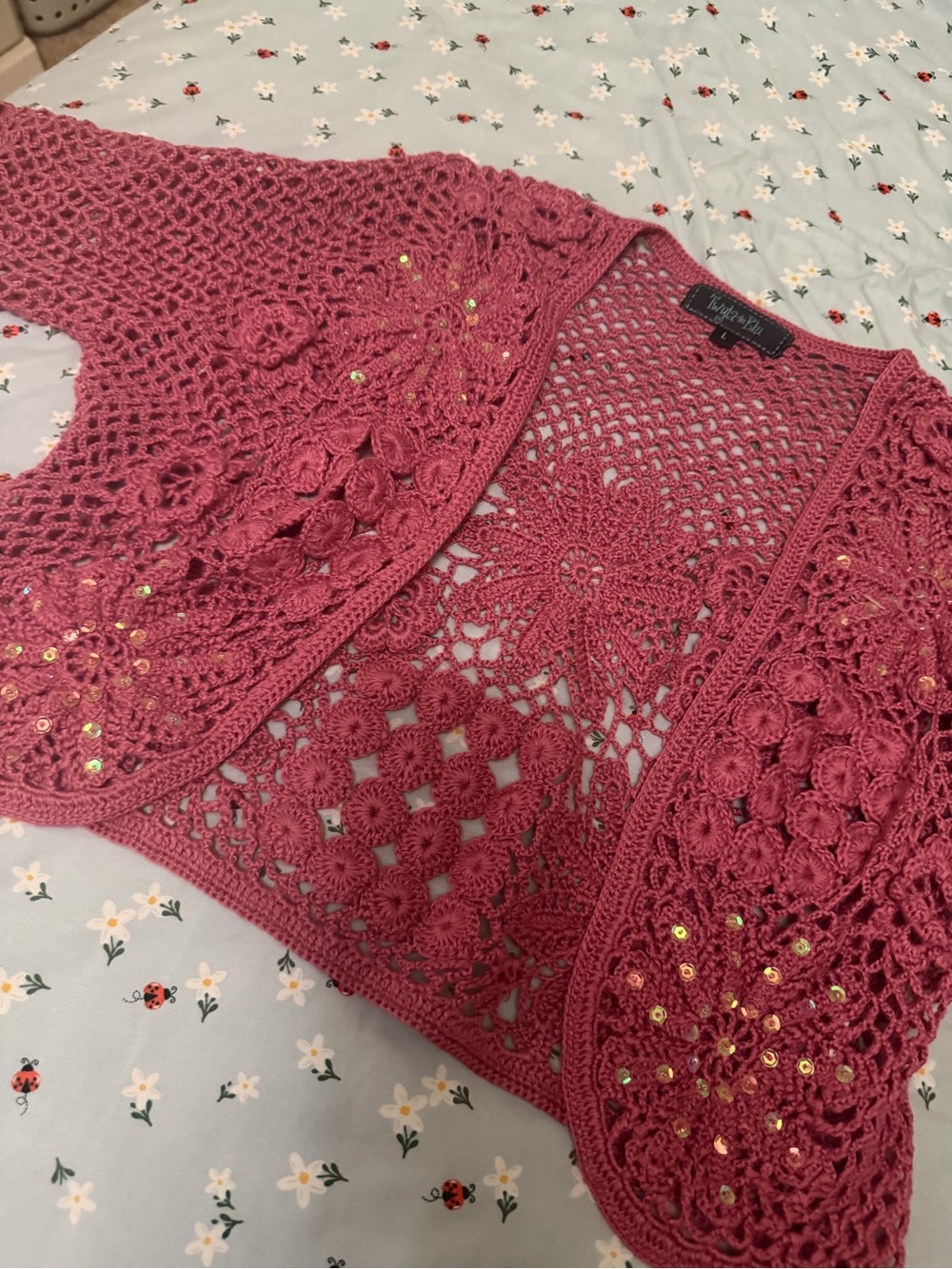 Dusty Rose Crochet Openwork Cardigan with Sequins - Picture 3 of 7